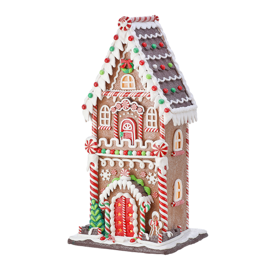 Viv! Christmas Kerstbeeld - XL Gingerbread Huis incl. LED Verlichting - bruin rood wit - 53cm
