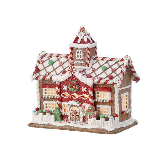 Viv! Christmas Kerstbeeld - Gingerbread Snoep Huis van Klei incl. LED Verlichting - bruin rood wit - 24cm