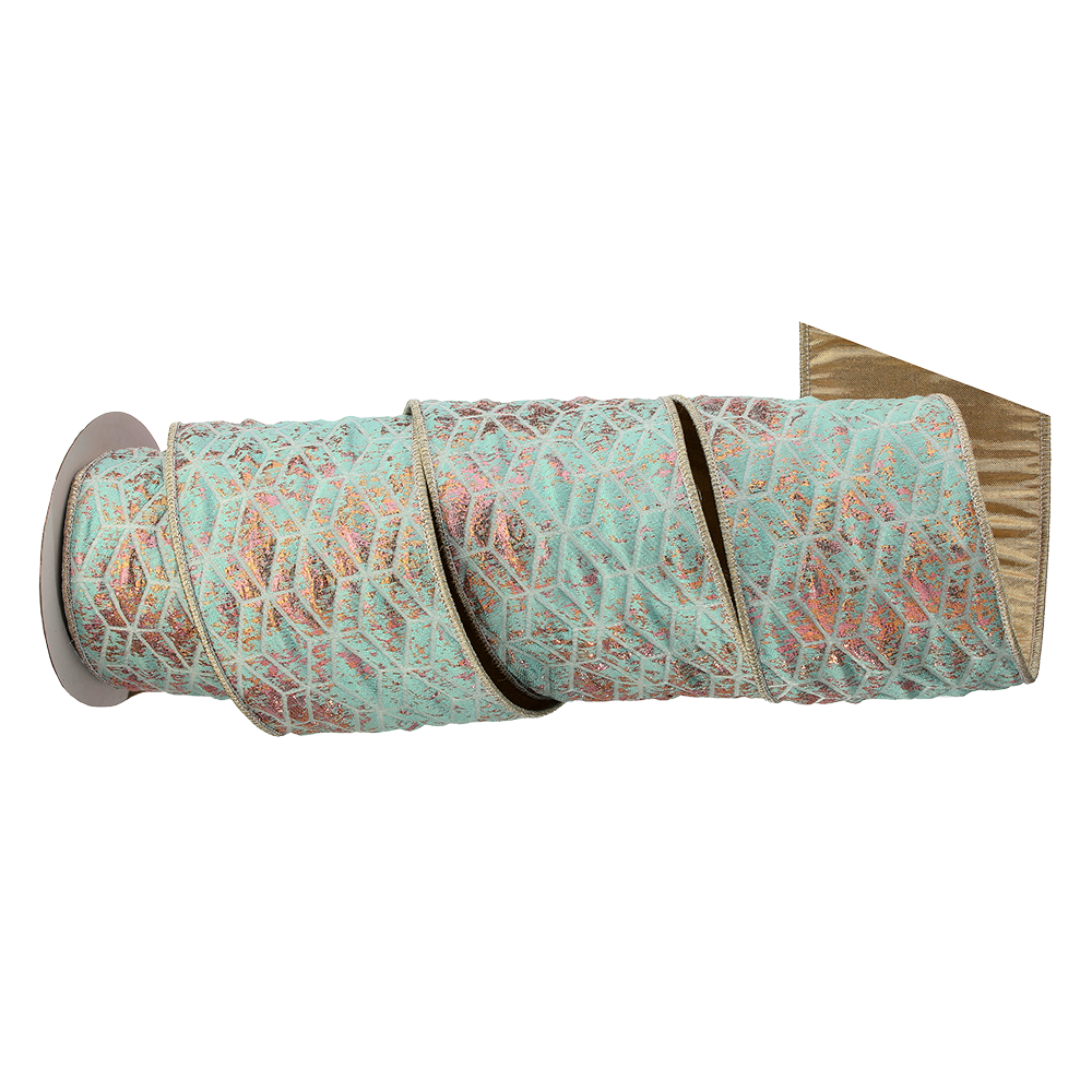 Viv! Christmas Cinta Alambrada de Navidad - Jacquard Iridiscente con Patrón de Diamante - azul rosa dorado - 10cm x 4,6m