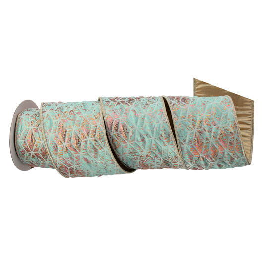 Viv! Christmas Ribbon with Iron Wire - Iridescent Jacquard Ribbon with Diamond Pattern - Blue Rose Gold - 10cm x 4.6m