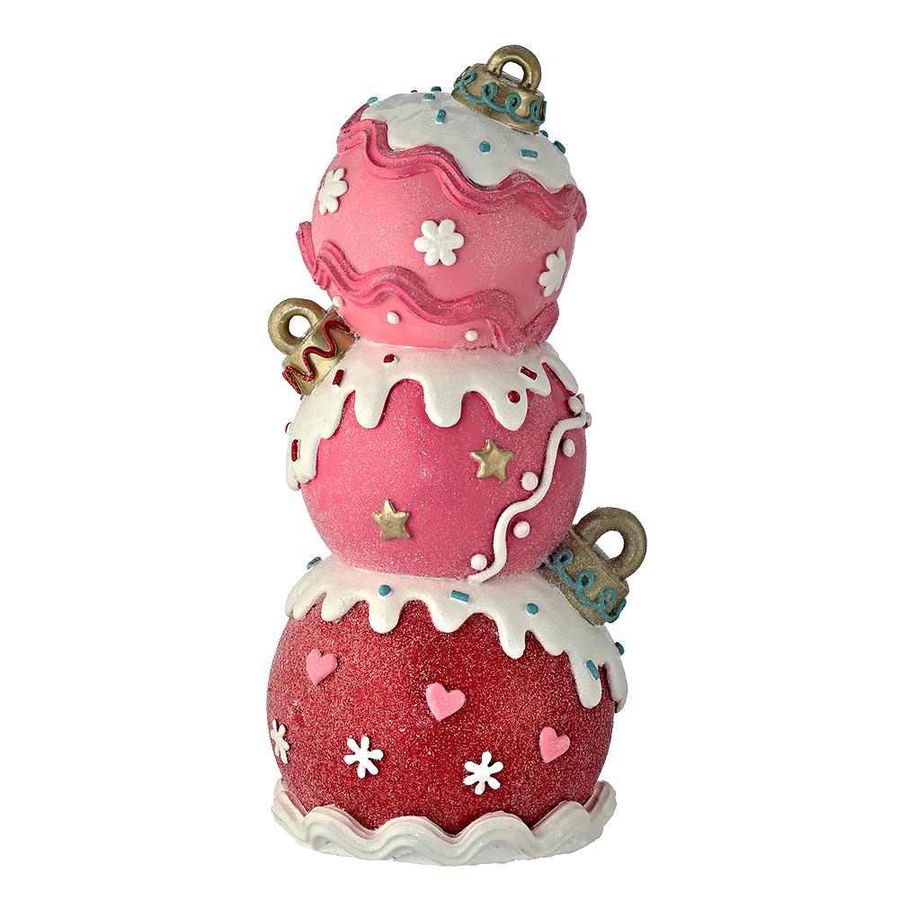 Viv! Christmas Kerstbeeld - Stapel van Drie Snoepgoed Kerstballen - rood roze - 28cm