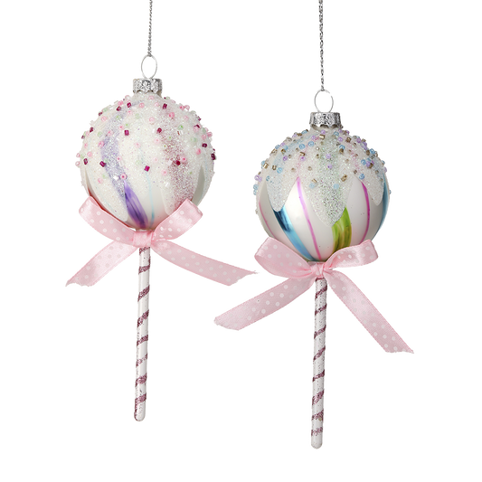 Viv! Christmas Kerstornament - Lollipop met Strik - set van 2 - glas - pastel - 15cm