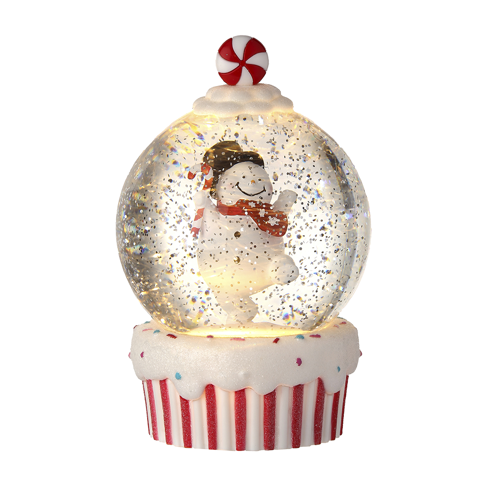 Viv! Christmas Snow Globe incl. LED - Snowman Cupcake - automatic - red white - 18cm