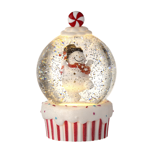 Viv! Christmas Kerst Sneeuwbol incl. LED - Sneeuwpop Cupcake - automatisch - rood wit - 18cm