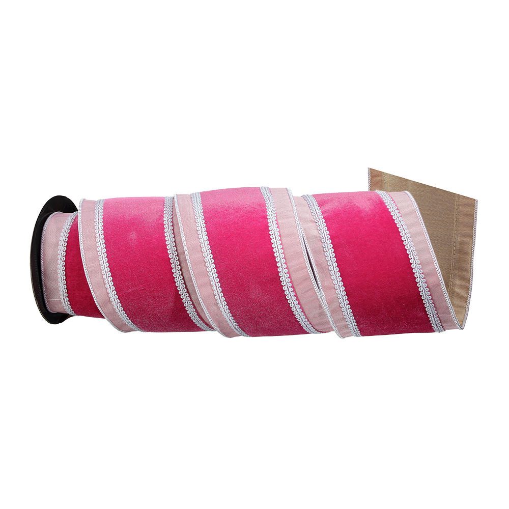 Viv! Christmas Ribbon with Iron Wire - Velvet with Brocade Dupion Ribbon - Pink - 10cm x 4.6m