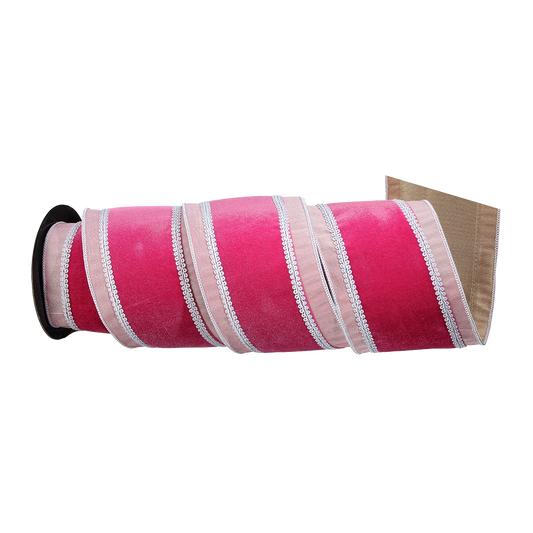 Viv! Christmas Ribbon with Iron Wire - Velvet with Brocade Dupion Ribbon - Pink - 10cm x 4.6m