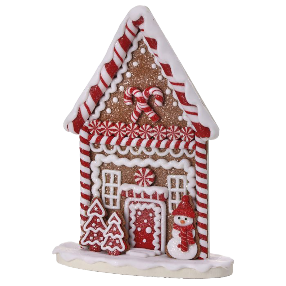 Viv! Christmas Kerstbeeld - Plat Gingerbread Huis van Klei met Sneeuwpop - bruin rood - 23cm
