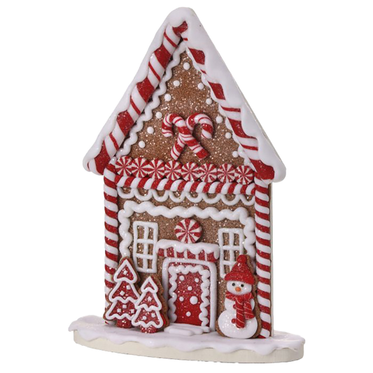 Viv! Christmas Kerstbeeld - Plat Gingerbread Huis van Klei met Sneeuwpop - bruin rood - 23cm
