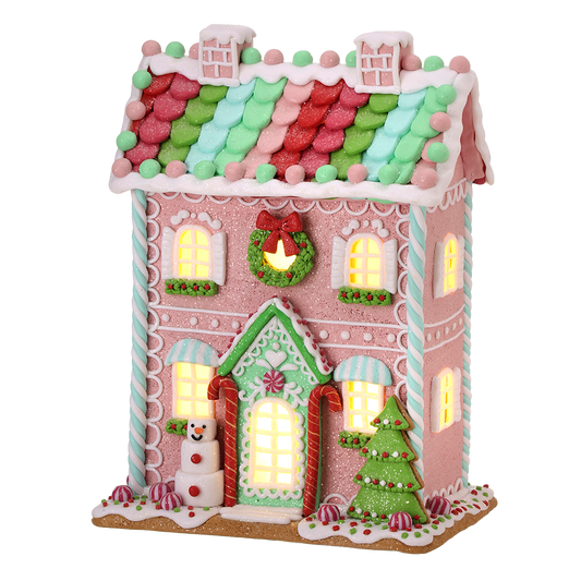 Viv! Weihnachtliche Weihnachtsstatue - Lebkuchen-Tonhaus mit Schneemann und Süßigkeiten inkl. LED-Beleuchtung - pastellrosa - 36cm