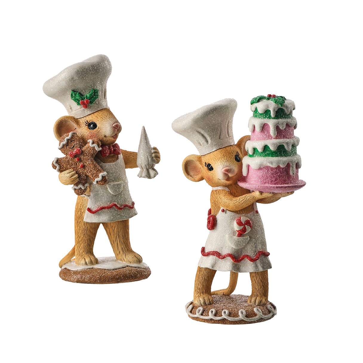 Viv! Christmas Kerstbeeld - Bakkersmuisjes met Taart & Gingerbread Koekje - set van 2 - bruin wit - 18cm