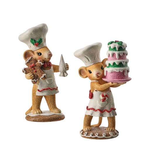 Viv! Christmas Kerstbeeld - Bakkersmuisjes met Taart & Gingerbread Koekje - set van 2 - bruin wit - 18cm
