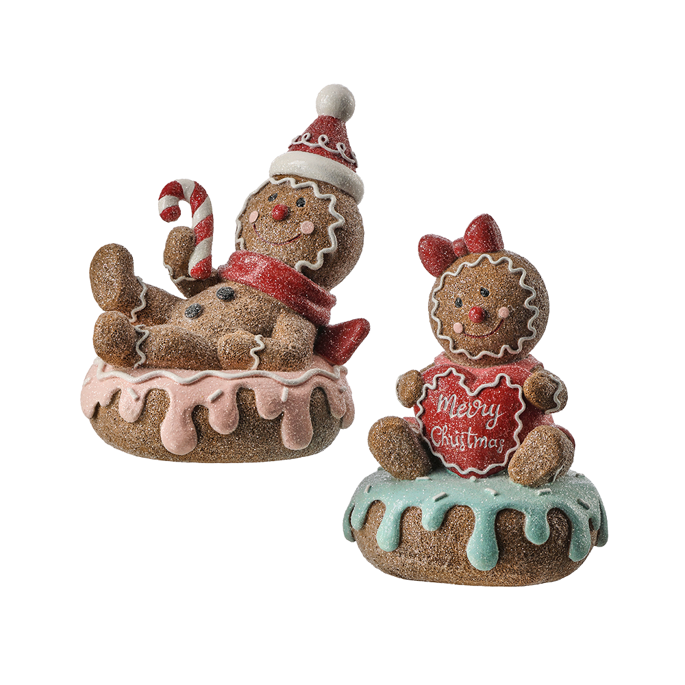 Viv! Christmas Kerstbeeld - Gingerbread Poppetjes op Geglazuurde Donuts - set van 2 - bruin rood - 14cm