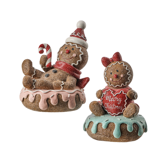 Viv! Christmas Kerstbeeld - Gingerbread Poppetjes op Geglazuurde Donuts - set van 2 - bruin rood - 14cm