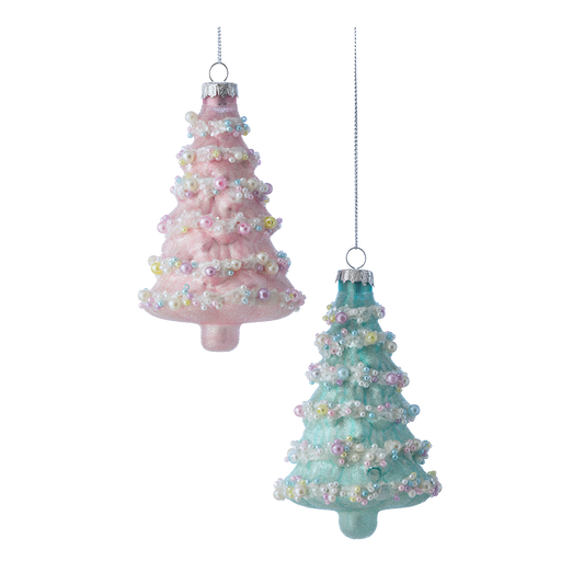 Viv! Christmas Kerstornament - Kerstboom met Parels - set van 2 - glas - roze blauw - 13cm