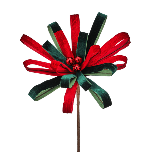 Viv! Christmas Pick - Velvet Flower w/ Pom Poms - Red Green - 56 cm