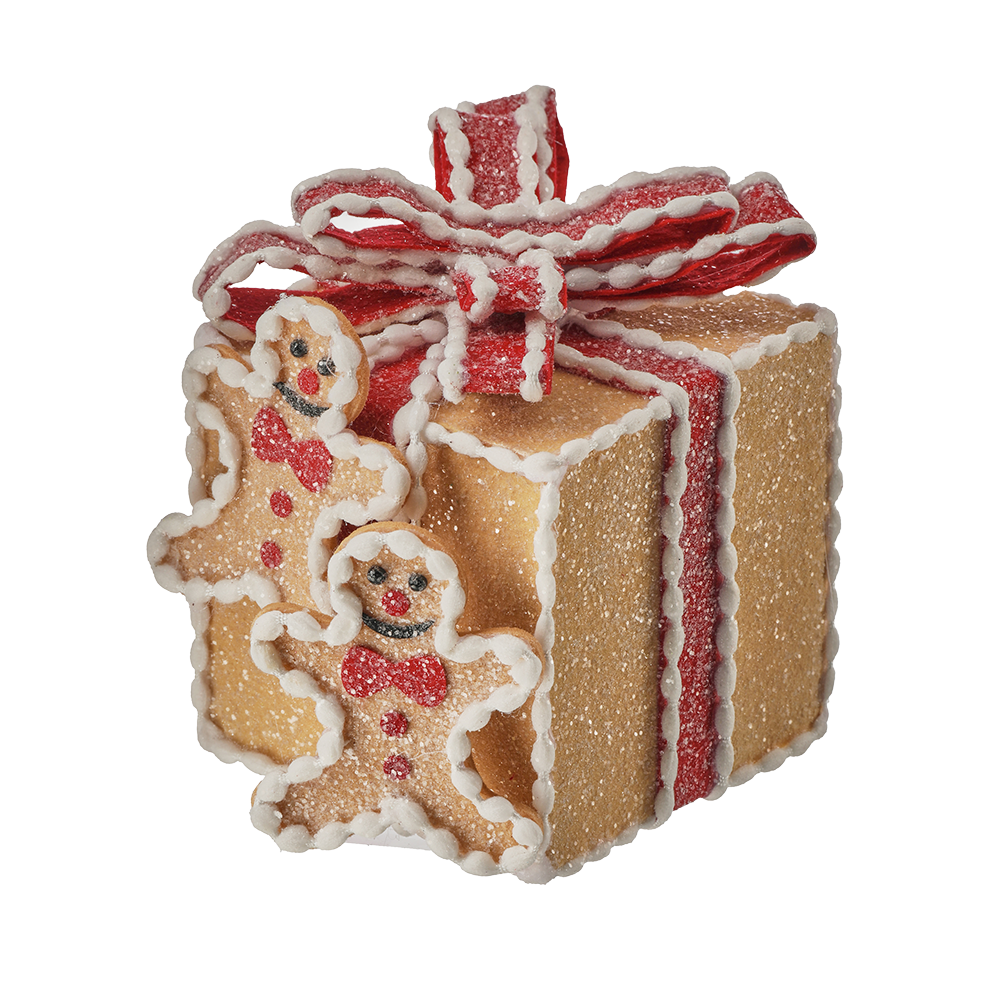 Viv! Christmas Kerstbeeld / Kerstboom Centerpiece - Gingerbread Cadeaubox met Strik - bruin rood - 13cm