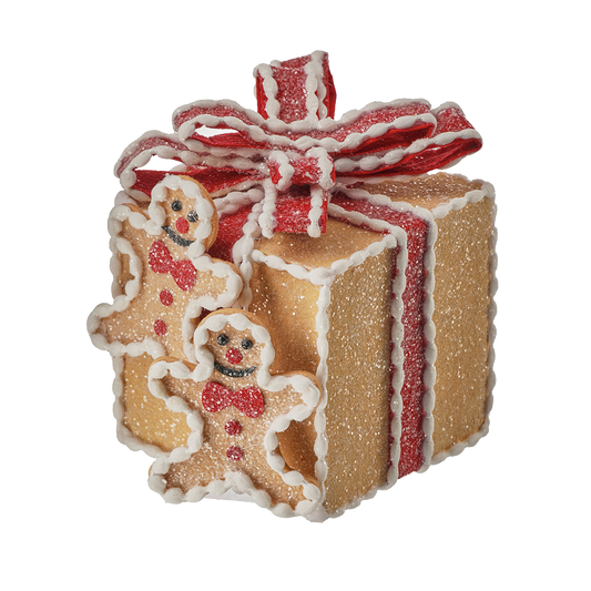 Viv! Christmas Kerstbeeld / Kerstboom Centerpiece - Gingerbread Cadeaubox met Strik - bruin rood - 13cm