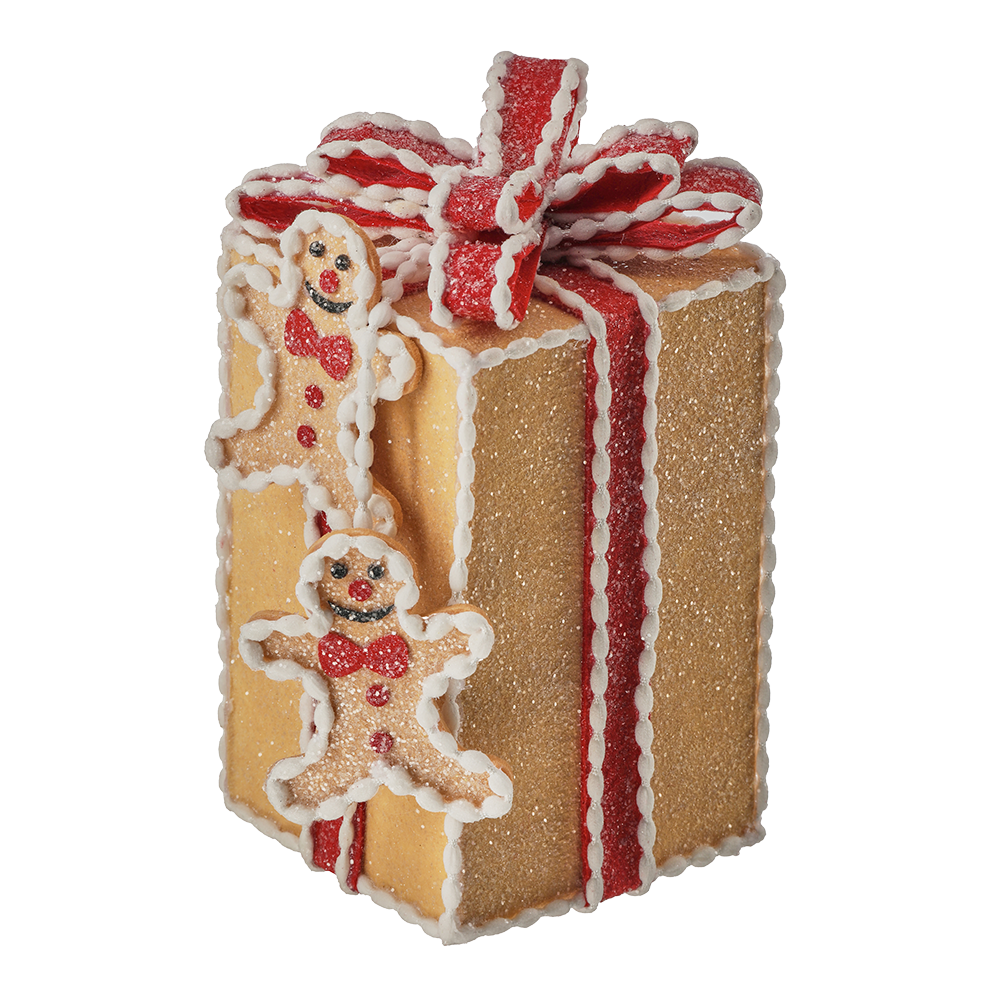 Viv! Christmas Kerstornament / Kerstboom Centerpiece - Gingerbread Cadeaubox met Strik - bruin rood - 20cm