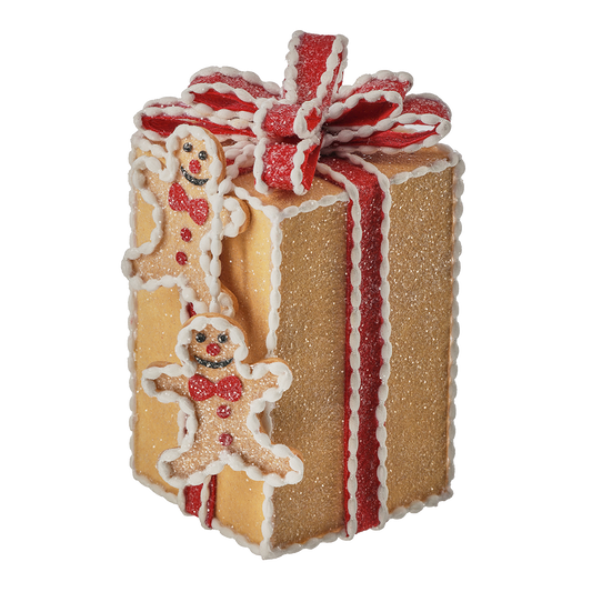 Viv! Christmas Kerstornament / Kerstboom Centerpiece - Gingerbread Cadeaubox met Strik - bruin rood - 20cm