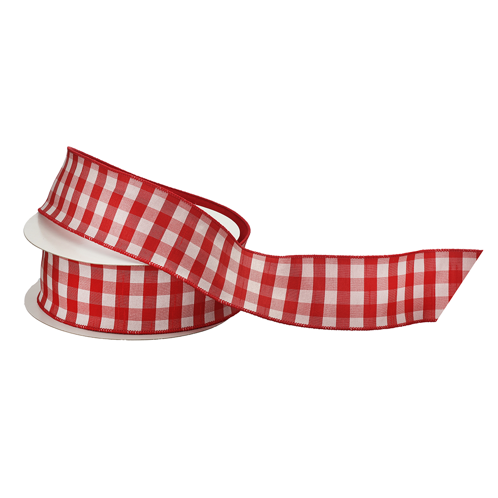 Viv! Christmas Cinta Alambrada de Navidad - Gingham con Reverso de Fieltro - rojo blanco - 6,35cm x 9,1m