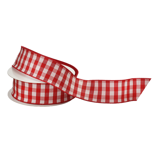 Viv! Christmas Ribbon with Iron Wire - Gingham with Felt Backing - Red and White - 6.35cm x 9.1m