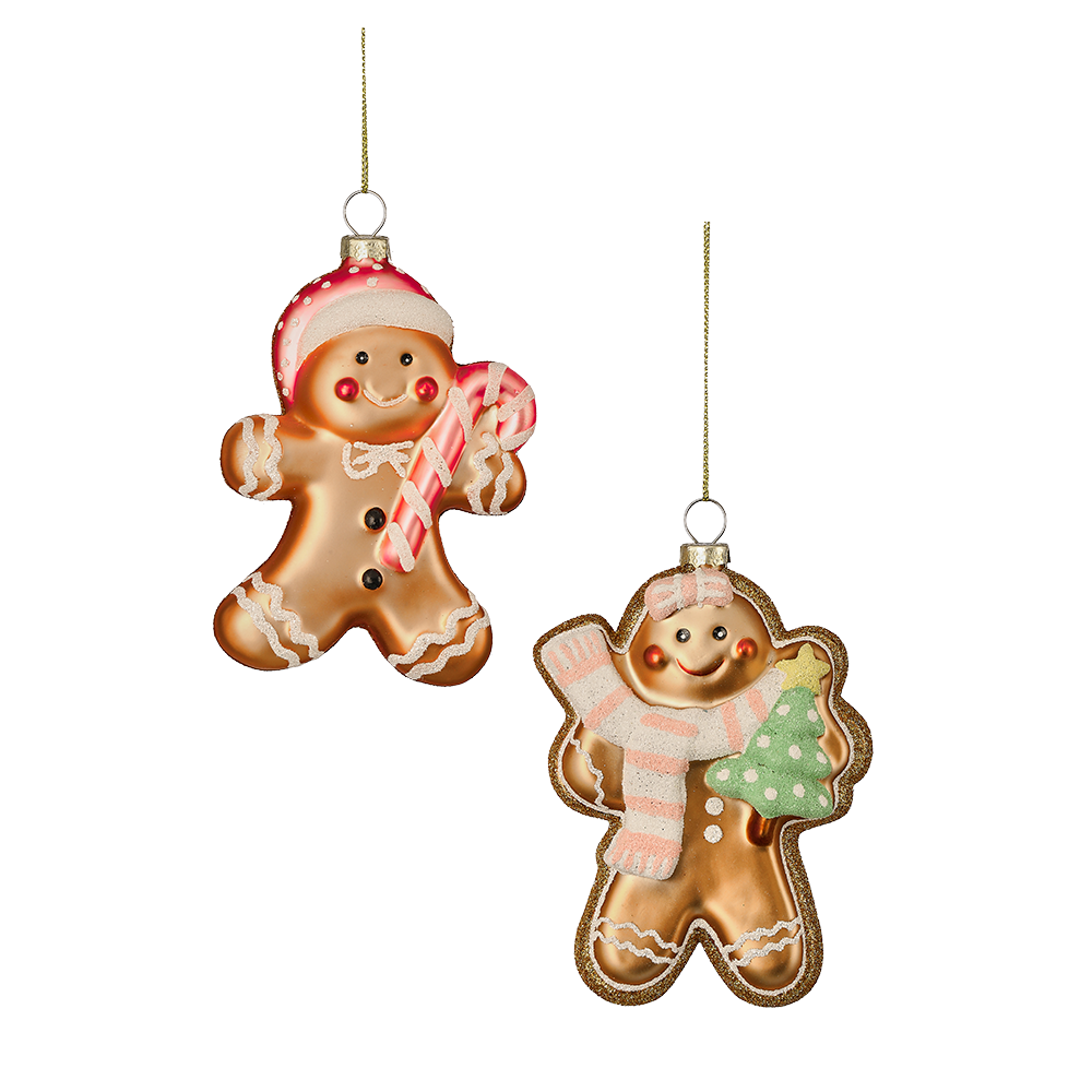 Viv! Christmas Kerstornament - Gingerbread Poppetjes - set van 2 - glas - bruin roze - 13cm