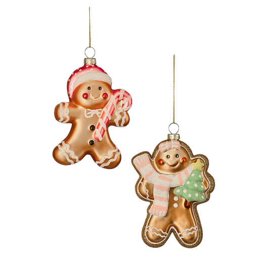 Viv! Christmas Kerstornament - Gingerbread Poppetjes - set van 2 - glas - bruin roze - 13cm