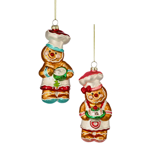 Viv! Christmas Kerstornament - Gingerbread Bakkers - set van 2 - glas - bruin rood - 15cm