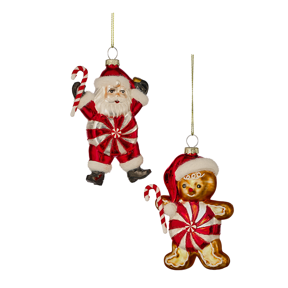 Viv! Christmas Ornament - Peppermint Candy Santa & Gingerbread Man - Set of 2 - Glass - Red White - 13cm