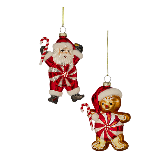 Viv! Christmas Kerstornament - Pepermunt Snoep Kerstman & Gingerbread Mannetje - set van 2 - glas - rood wit - 13cm