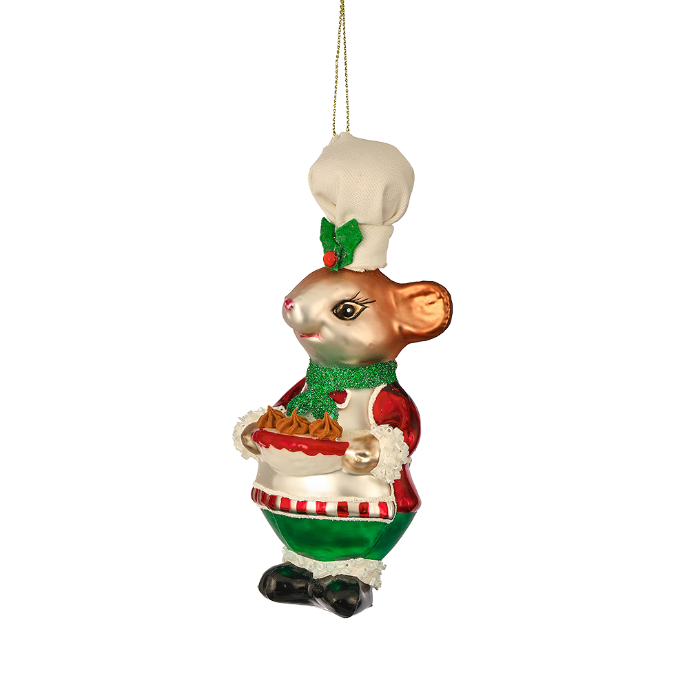 Viv! Christmas ornament - Mouse with Cake - glass - red green - 14cm