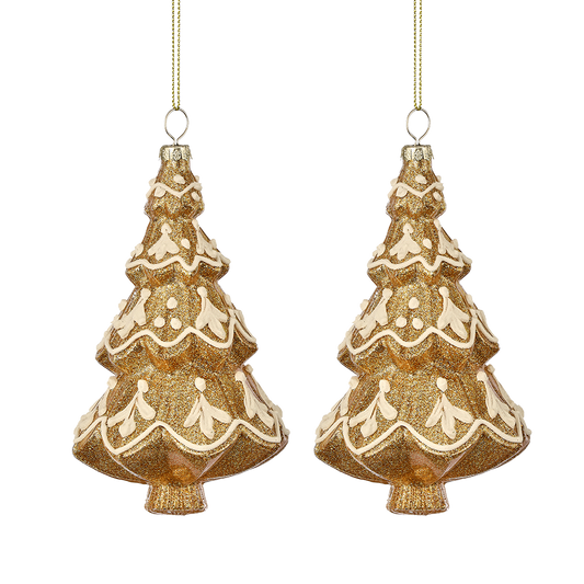 Viv! Christmas Ornament - Gingerbread Christmas tree - set of 2 - glass - brown white - 14cm