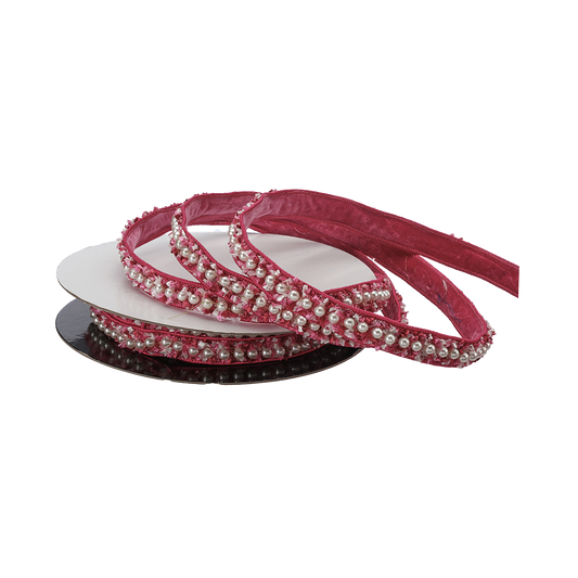 Viv! Christmas Ribbon with Iron Wire - Velvet with Tweed & Pearls - Pink - 2.5cm x 4.6m