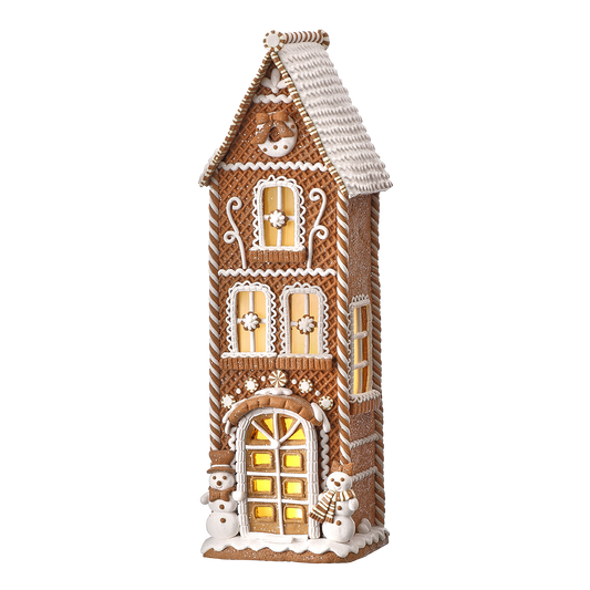 Viv! Christmas Kerstbeeld - Hoog Gingerbread Huis met Sneeuwpop incl. LED Verlichting - bruin wit - 43cm