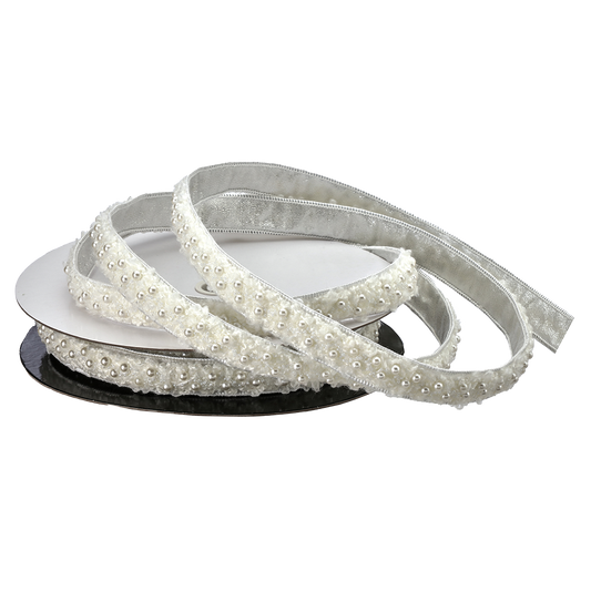 Viv! Christmas Cinta Alambrada de Navidad - Bouclé con Perlas - blanco - 2,5cm x 4,6m