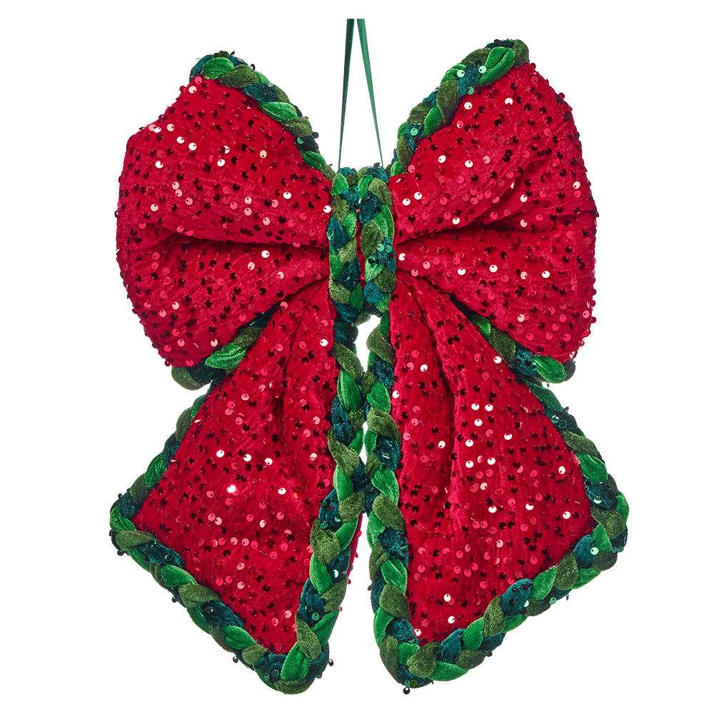 Viv! Christmas Tree Decoration - Velvet Bow w/ Sequins - Red Green - 30 cm