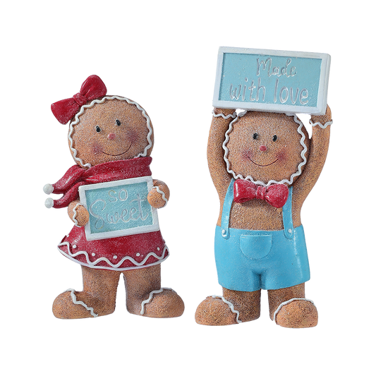Viv! Christmas Kerstbeeld - Gingerbread Jongen en Meisje - set van 2 - blauw rood - 20cm