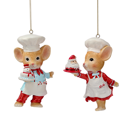 Viv! Christmas Weihnachtsanhänger - Mäuse als Bäcker mit Torte - 2er-Set - Rot Blau - 10 cm