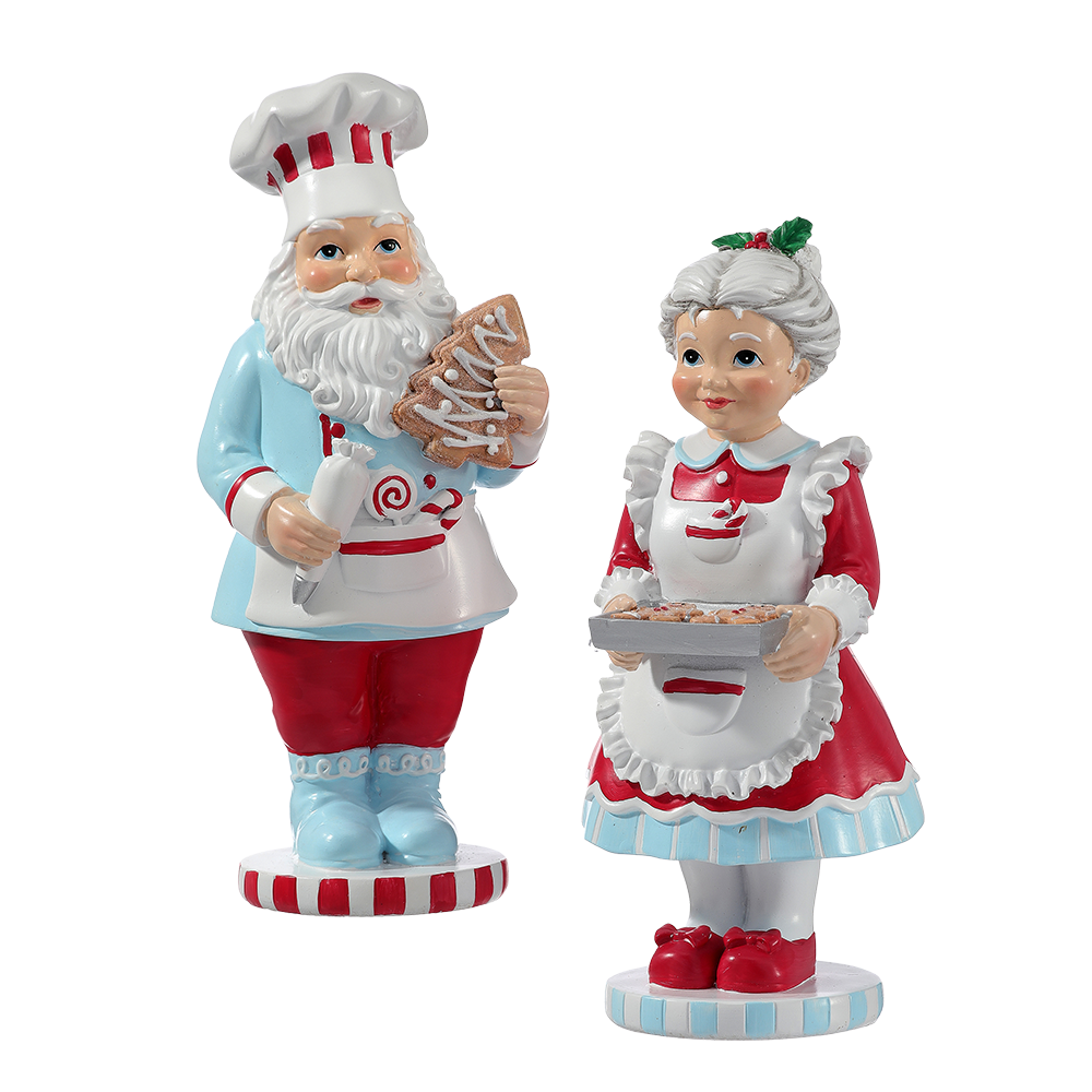 Viv! Christmas Tabletop Figure - Baking Mr. & Mrs. Claus - Set of 2 - Blue Red - 22 cm