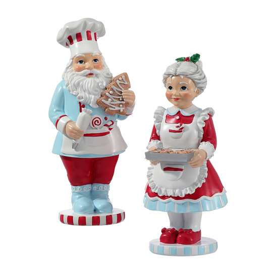 Viv! Christmas Kerstbeeld - Bakkende Mr. & Mrs. Claus - set van 2 - blauw rood - 22cm