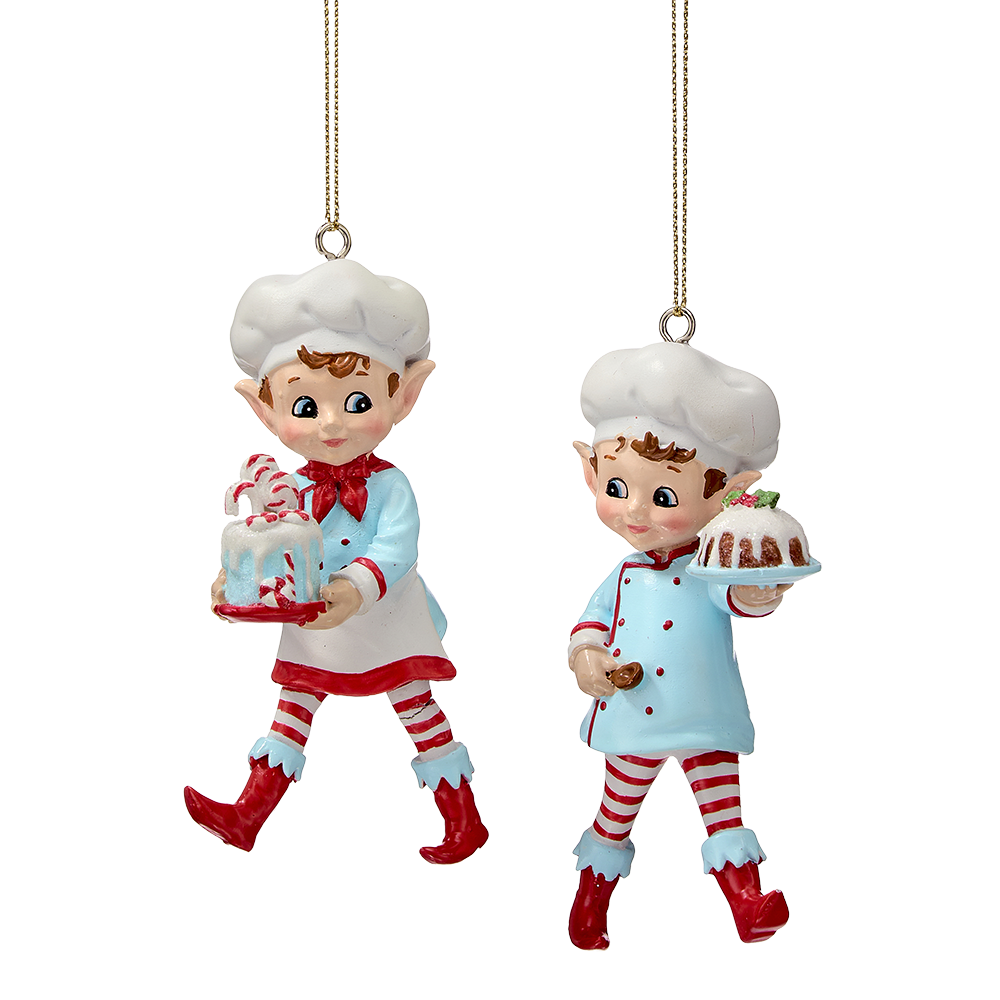 Viv! Christmas Weihnachtsanhänger - Weihnachts-Elfen als Bäcker mit Torte - 2er-Set - Rot Blau - 10 cm