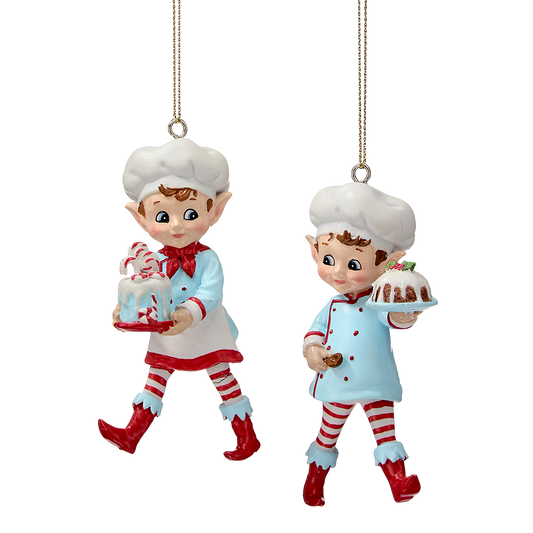 Viv! Christmas Weihnachtsanhänger - Weihnachts-Elfen als Bäcker mit Torte - 2er-Set - Rot Blau - 10 cm