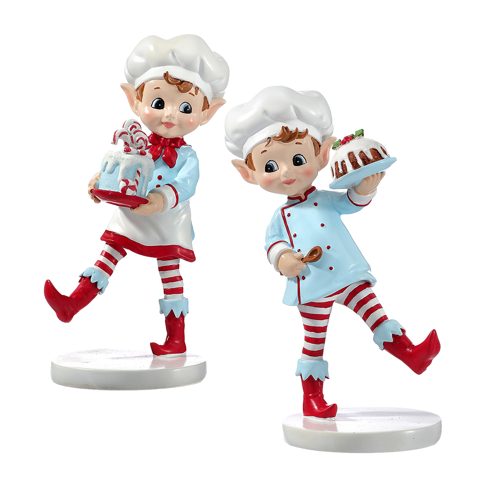Viv! Christmas Tabletop Figure - Elf Bakers with Cake - Set of 2 - Blue Red - 18 cm