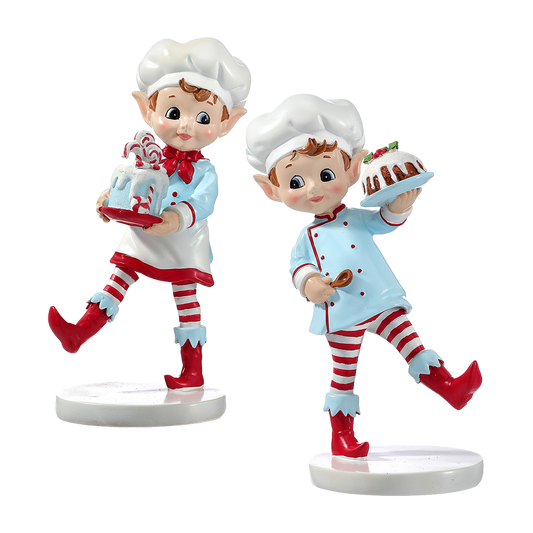 Viv! Christmas Kerstbeeld - Kerst Elf Bakkers met Taart - set van 2 - blauw rood - 18cm