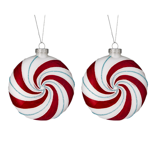 Viv! Christmas Bauble - Peppermint Swirl Candy Disc - Set of 2 - Glass - Red Blue - 10 cm