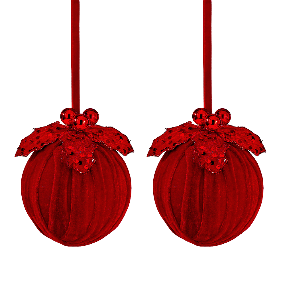 Viv! Christmas Kerstbal - Fluwelen Bal met Pailletten - set van 2 - rood - 13cm