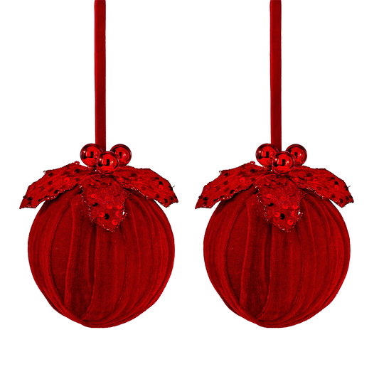 Viv! Christmas Kerstbal - Fluwelen Bal met Pailletten - set van 2 - rood - 13cm