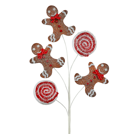 Viv! Christmas Weihnachtszweig - Lebkuchenmann & Pfefferminzbonbon - Braun Rot - 66 cm