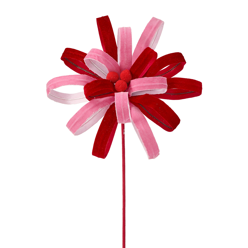Viv! Christmas Pick - Velvet Flower w/ Pom Poms - Pink Red - 53 cm