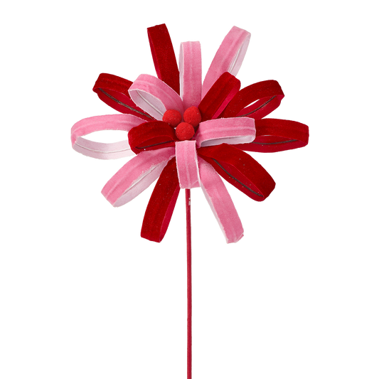 Viv! Christmas Pick - Velvet Flower w/ Pom Poms - Pink Red - 53 cm